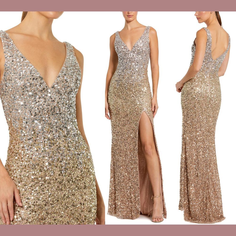 NWT Mac Duggal [‎ 4 ] Sequined Sleeveless V Neck Side Slit Gown Shimmering Gold